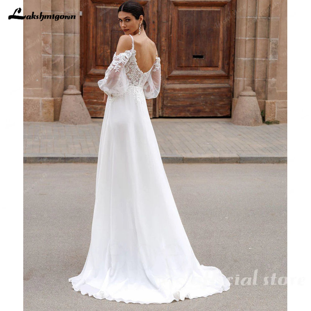 Lakshmigown Puffy Long Sleeve Boho Beach Wedding Dresses 2026 Off Shoulder Lace Chiffon V Neck Bridal Gown Customized