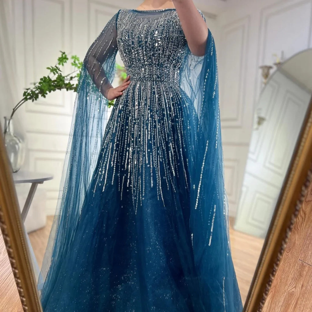 Serene Hill Blue Cape Sleeves A-Line Beaded Evening Dresses Customized Party Gowns for Women DLA72248A
