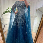 Serene Hill Blue Cape Sleeves A-Line Beaded Evening Dresses Customized Party Gowns for Women DLA72248A