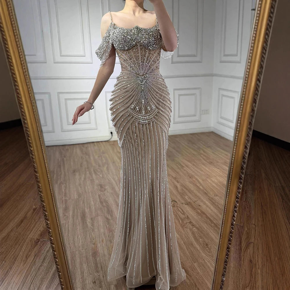 Serene Hill 2025 Customized Pink Off Shoulder Mermaid Evening Dress Luxury Beaded Party Gowns for Women DLA73148