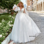 Lakshmigown Plus Size Long Wedding Dress Puff Sleeves V Neck Sweep Train A Line Tulle Robe De Mariage Bridal Dress Customized