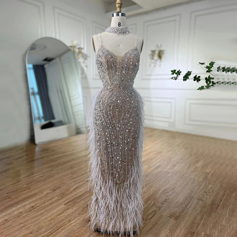 Customized White Nude Mermaid Beaded Feather Evening Gowns 2026 Wedding Party Prom Dresses For Women | Nightbubo