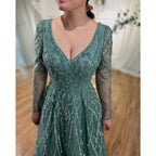 Serene Hill Lilac V-neck A-line Long Sleeves Luxury Beaded Evening Dresses Party Gowns for Women Customized DLA71793