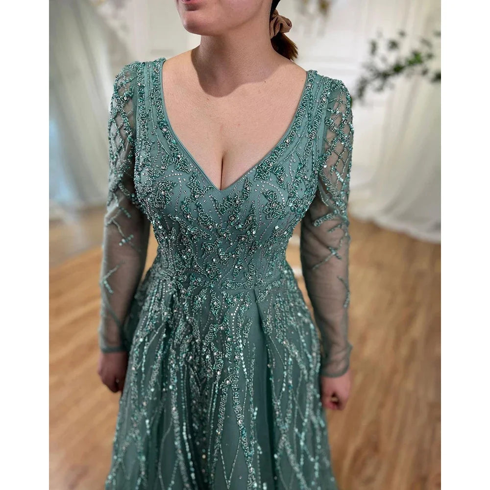 Serene Hill Lilac V-neck A-line Long Sleeves Luxury Beaded Evening Dresses Party Gowns for Women Customized DLA71793