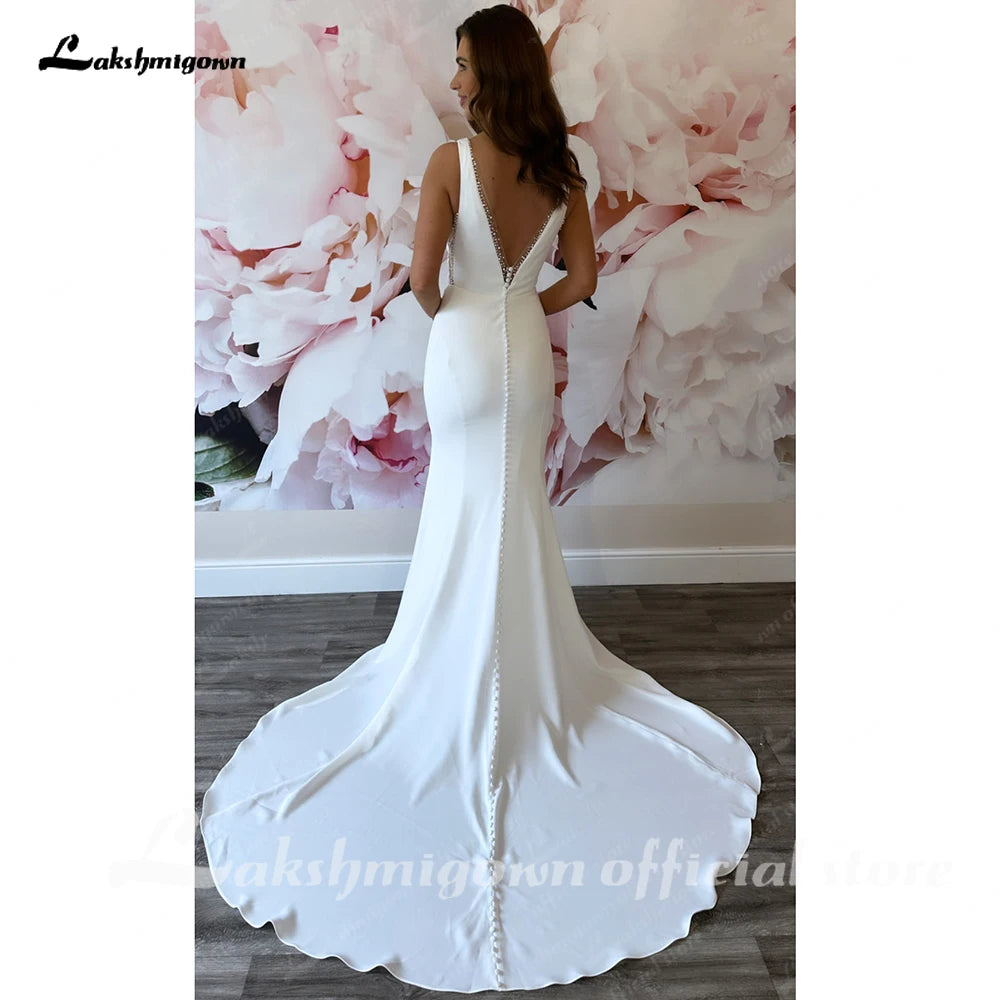 Lakshmigown Crepe Satin Mermaid Wedding Dresses Crystal Beads V-Neck Sleeveless Backless Bridal Gown Vestido De Noiva Customized