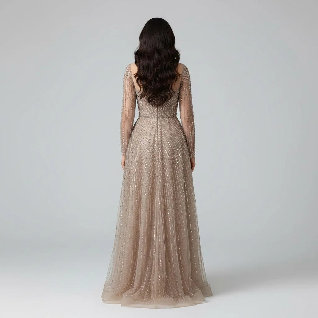 Serene Hill Custoomized Caramel Evening Prom Dress 2026 Elegant Long Sleeves A-Line Arabic Muslim Formal Party Gown DLA72563A