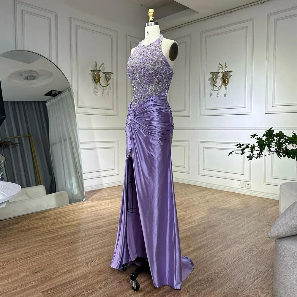 Serene Hill Customized 2025 Lilac Halter Side Slit Mermaid Evening Gown Wedding Party Bridesmaid Dress for Women DLA72668