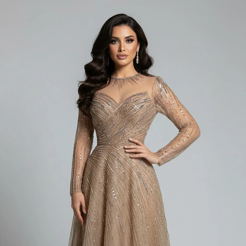 Serene Hill Custoomized Caramel Evening Prom Dress 2026 Elegant Long Sleeves A-Line Arabic Muslim Formal Party Gown DLA72563A