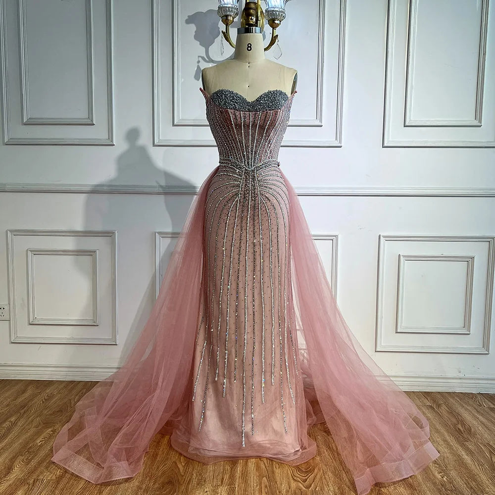 Abito da sera sirena con perle rosa, perline e sopragonna in stile arabo LA72811B