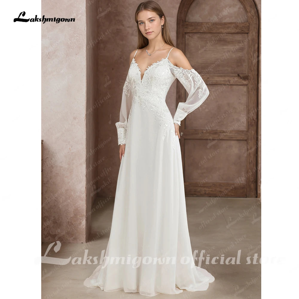 Lakshmigown Illusion Off White Wedding Dress Off Shoulder Long Sleeve Bridal Gown for Women Summer Vestido De Novia Customized