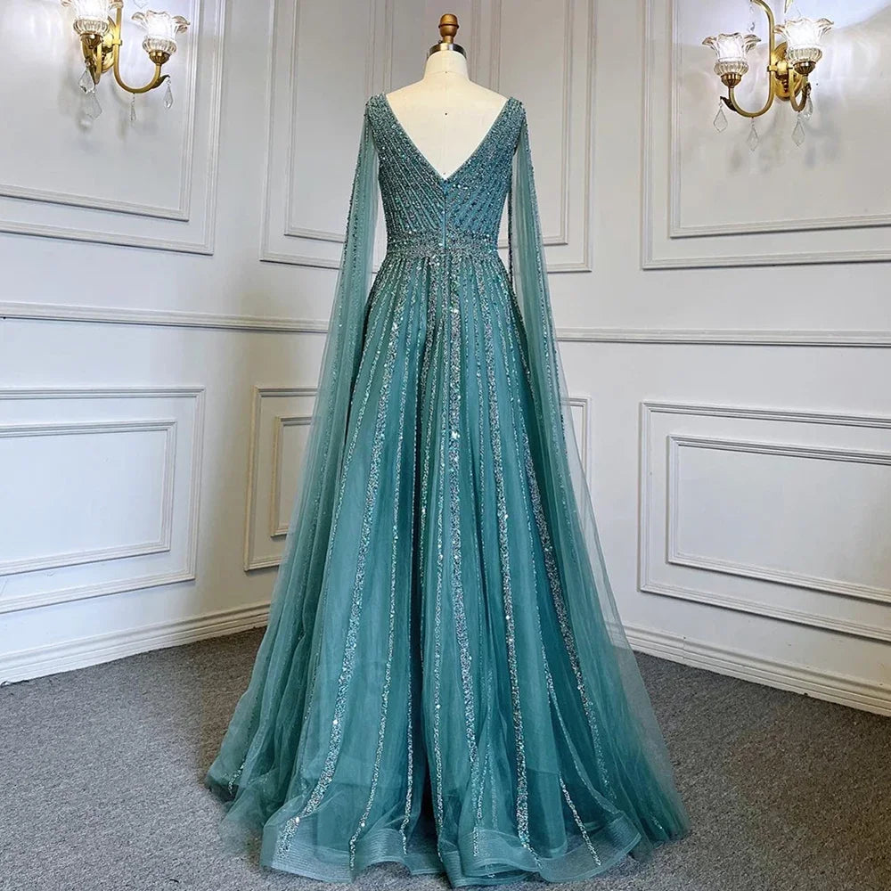 Serene Hill Customized Pink A-Line Cape Sleeves Luxury Beaded Evening Dresses Party Gowns 2025 For Women Wedding DLA71567