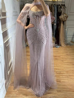 Serene Hill Caramel Pearl Beaded Illusion Mermaid Evening Gown 2026 Party Dresses with Sheer Cape DLA73148C Customized