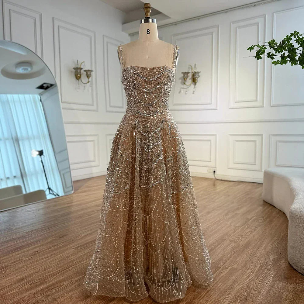Abito da sera lussuoso color nude a linea A con perle e cristalli LA72983A
