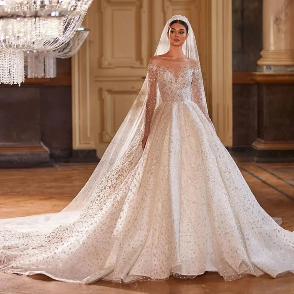 Vestidos De Novia Shining Long Sleeve Ball Gown Wedding Dress Beading Tulle Luxury Hochzeitskleid Button Back Gorgeous Trouwjurk