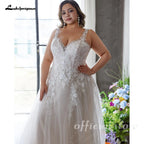 Lakshmigown Plus Size V-neck Wedding Dresses For Woman Bride Illusion Back A-line Tulle Appliques Bridal Gown Customized