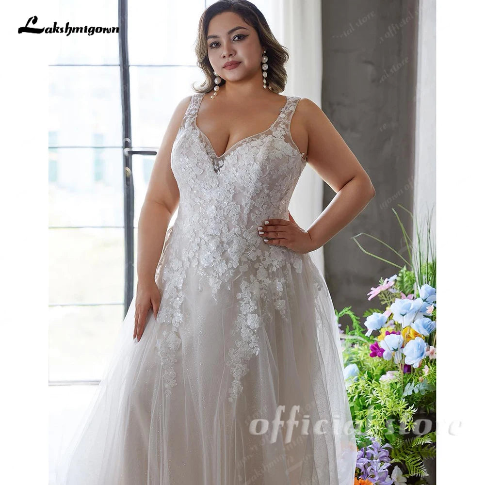 Lakshmigown Plus Size V-neck Wedding Dresses For Woman Bride Illusion Back A-line Tulle Appliques Bridal Gown Customized