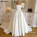 Lakshmigown Mikado Satin Wedding Dress With Pockets Sweep Train A-Line Sleeveless Square Neck Satin Bridal Gowns Customized