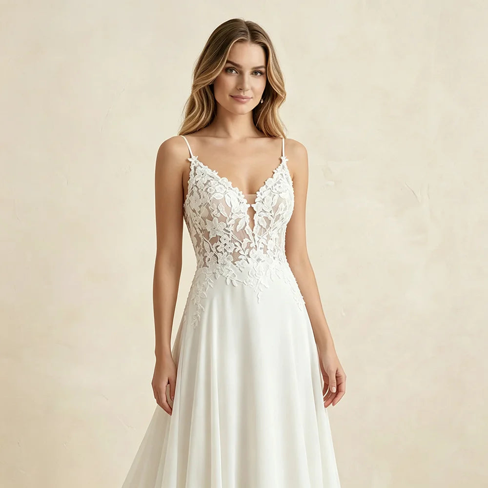 Women's Spaghetti Straps Deep V Backless Wedding Dresses Lace Appliques Chiffon Bridal Gown with Train Elegant Boho Bride Dress