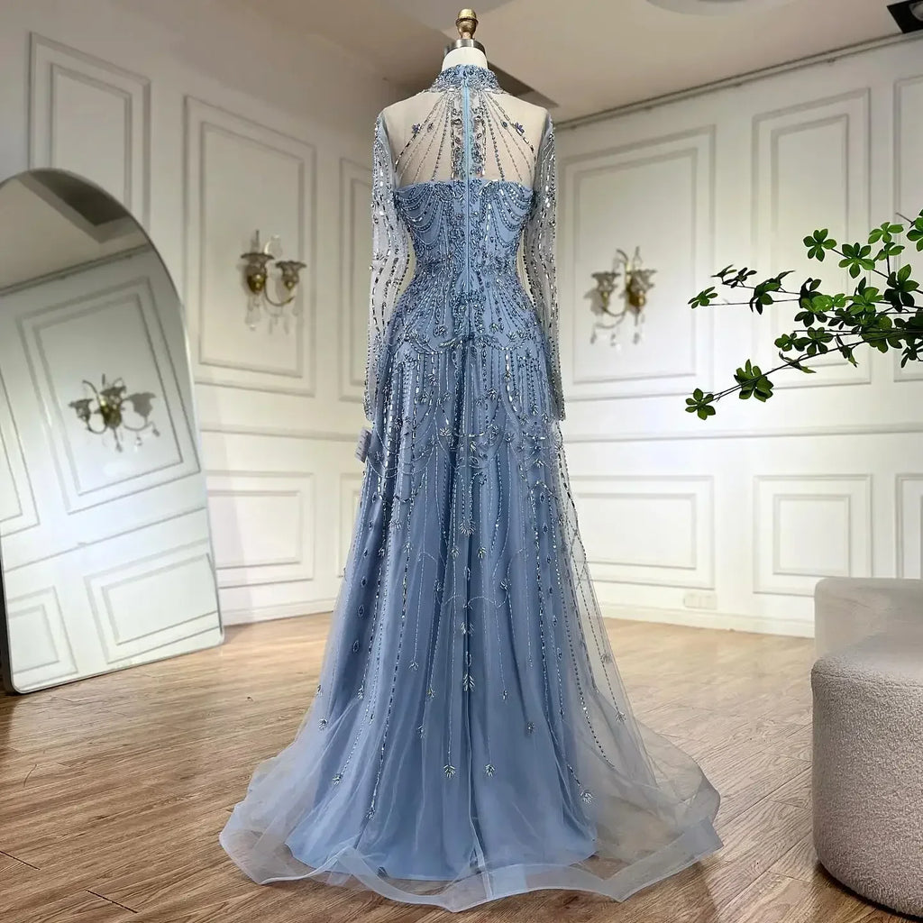 Serene Hill Caramel A-Line Long Sleeves Muslim Evening Gowns Luxury Beaded Party Dress for Women 2025 Customized DLA72704