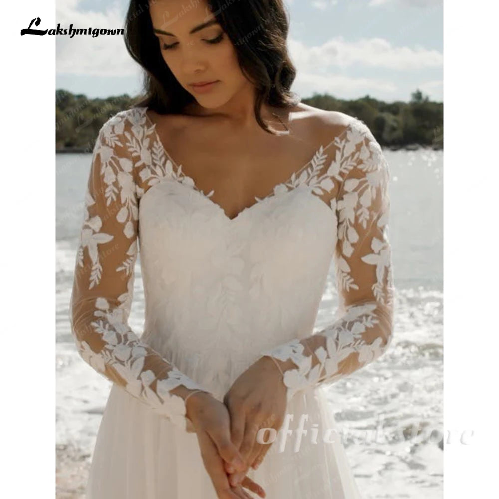 Lakshmigown Boho Beach V-Neck Lace Chiffon Wedding Dress for Women A-Line Sweep Train Long Sleeves Bride Gown Vestido Customized