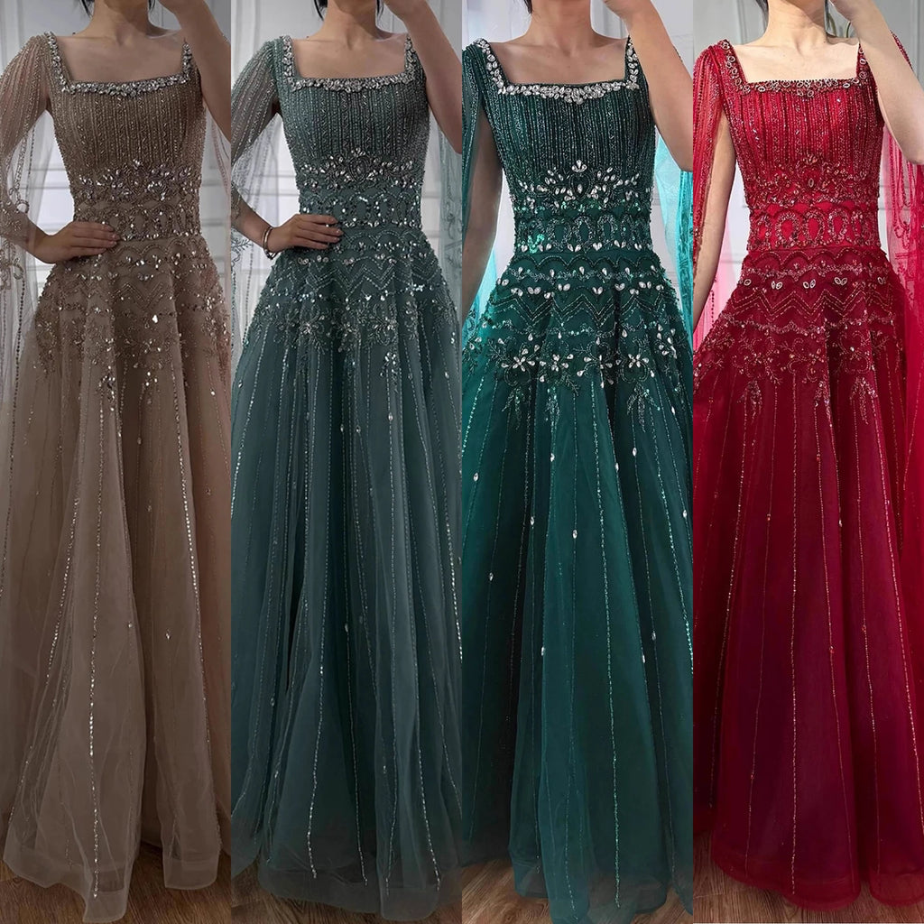 Serene Hill Red Square Collar A-Line Beaded Evening Dress with Cape Sleeves 2026 Party Gowns for Women DLA73089A Customized