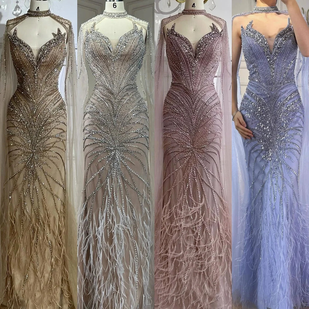 Serene Hill White Nude Mermaid Evening Dresses with Cape Beaded Feathers Party Gowns for Formal Occasion Customized DLA72882
