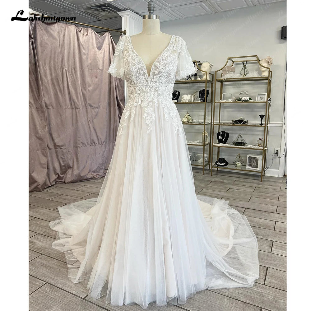 Lakshmigown Lace V-Neck Boho Wedding Dress with Sleeves Vestidos De Fiesta A Line Tulle Beach Wedding Gowns Customized Hochzeit