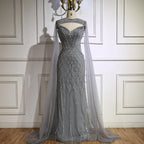Abito da sera sirena con perline e mantella color nude lussuoso LA72814