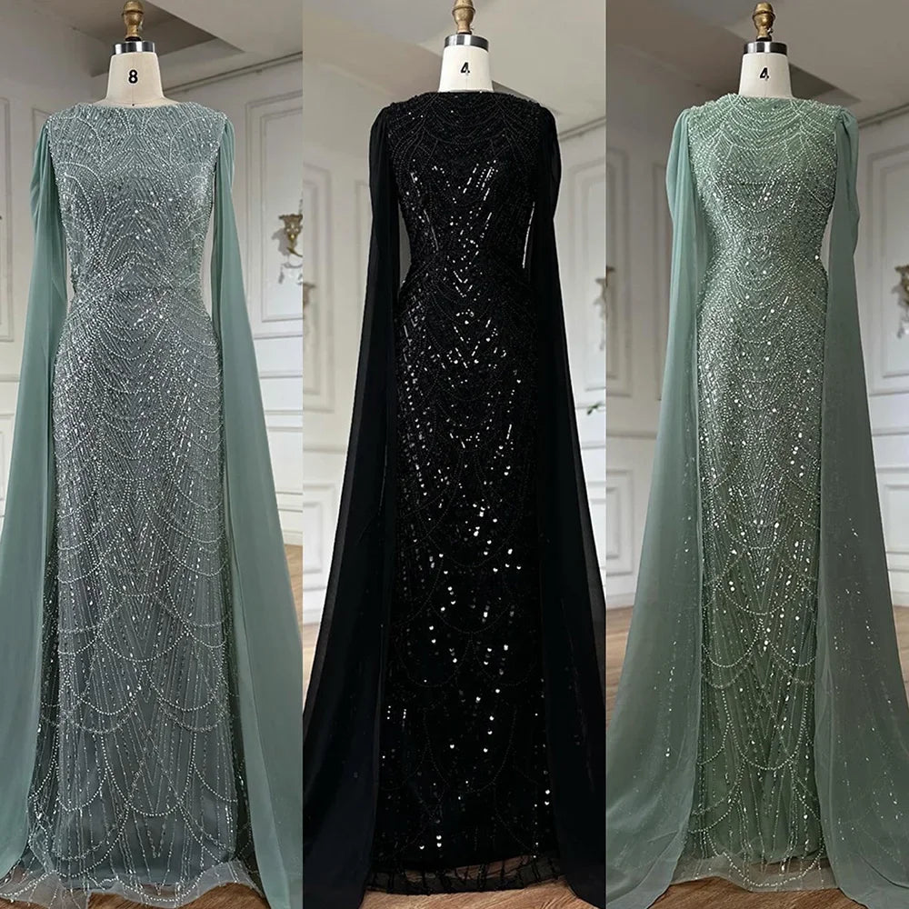 Elegant Dubai Sage Green Mermaid Evening Dress with Cape Sleeves Beaded Formal Gown Serene Hill 2025 Customized DLA72160A