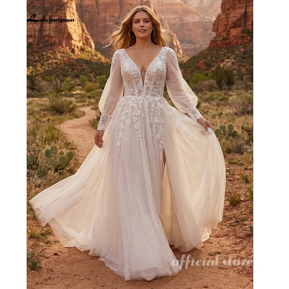 Lakshmigown A-Line Plus Size Wedding Dresses with Slit Classic Long Puff Sleeves Bridal Gowns Backless Tulle Robe De Customized
