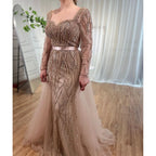 Serene Hill Customized Blue Long Sleeves Mermaid Pearls Beaded Evening Dresses Elegant Party Gowns For Women Wedding DLA71861