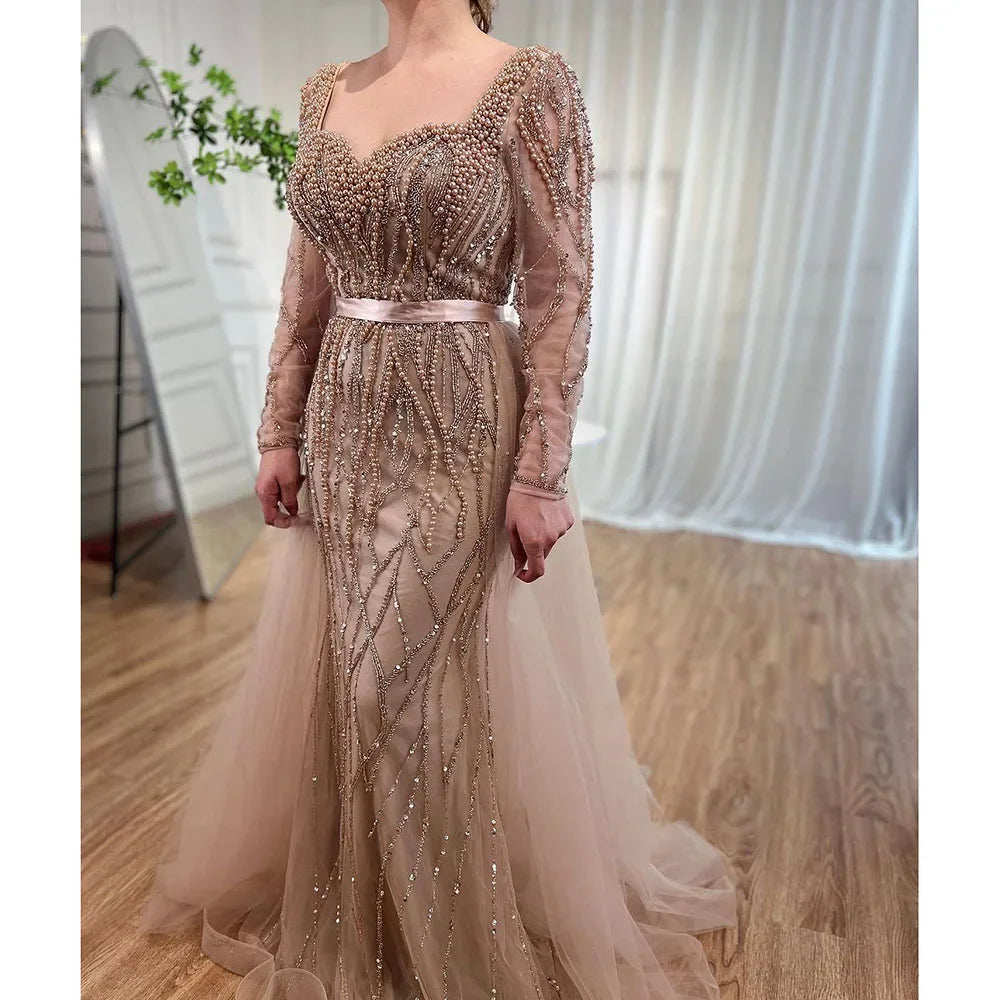 Serene Hill Customized Blue Long Sleeves Mermaid Pearls Beaded Evening Dresses Elegant Party Gowns For Women Wedding DLA71861
