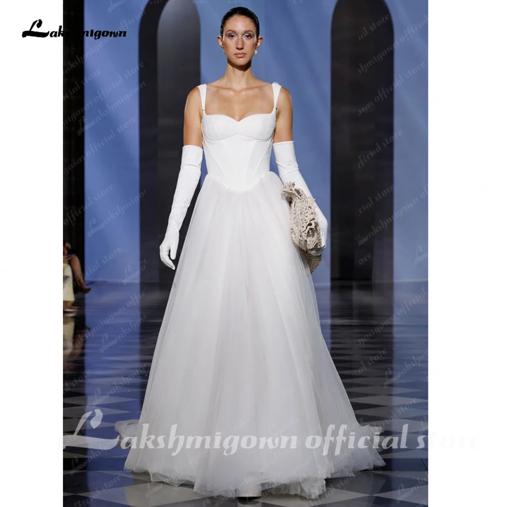 Lakshmigown Strapless A-Line Tulle Ivory Wedding Dress Simple Sleeveless Spaghetti Straps Boho Open Back Bride Gown Customized