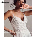 Lakshmigown Spaghetti Strap Beads Lace Wedding Gown Plus Size Chiffon Boho Wedding Dresses with Detachable Sleeve Customized