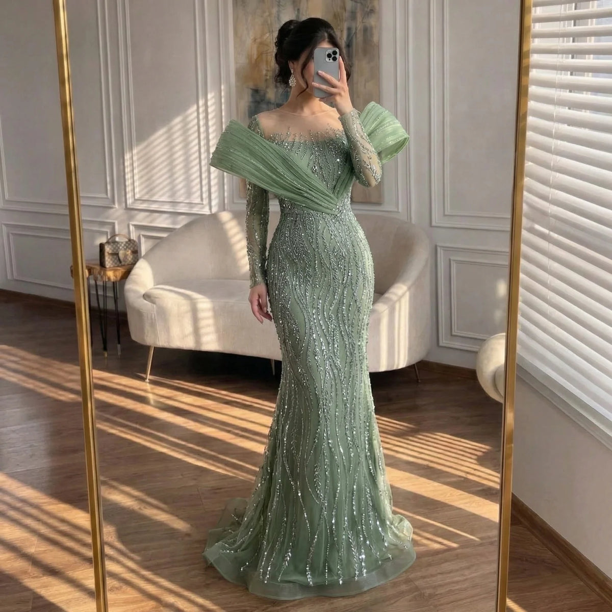 Serene Hill Pink Long Sleeves Mermaid Beaded Evening Dresses Elegant Wedding Party Gowns for Women Customized DLA72928