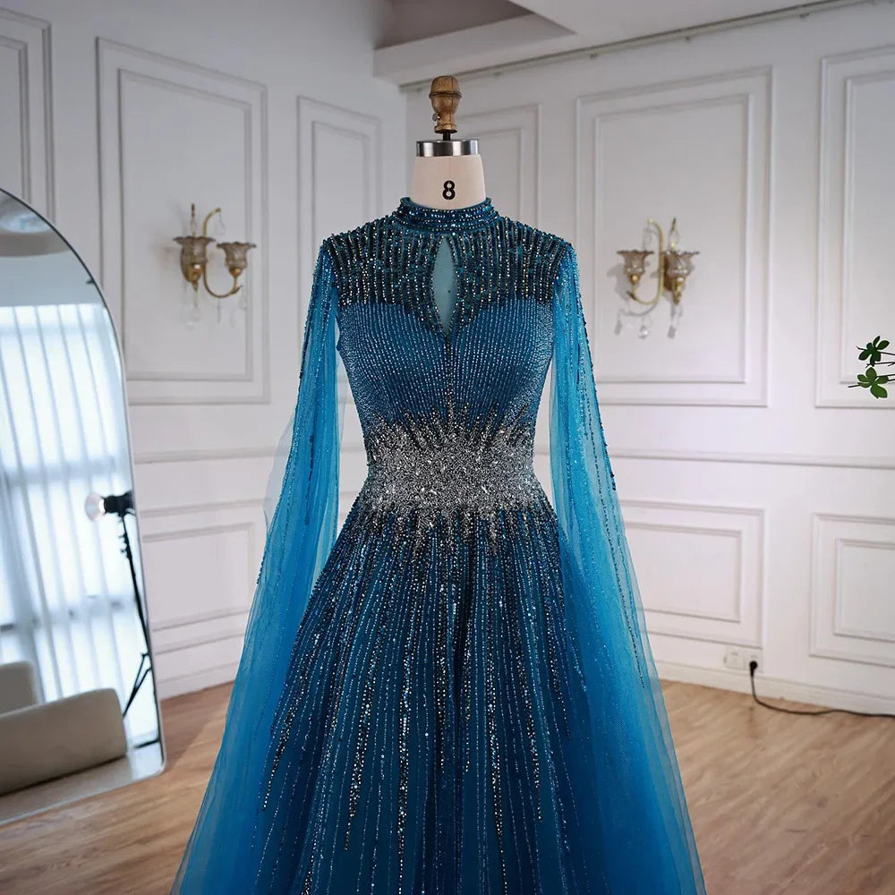 Elegant Modest Blue Beaded Evening Dress with Cape Sleeves Dubai Gown Serene Hill 2025 Customized DLA73059