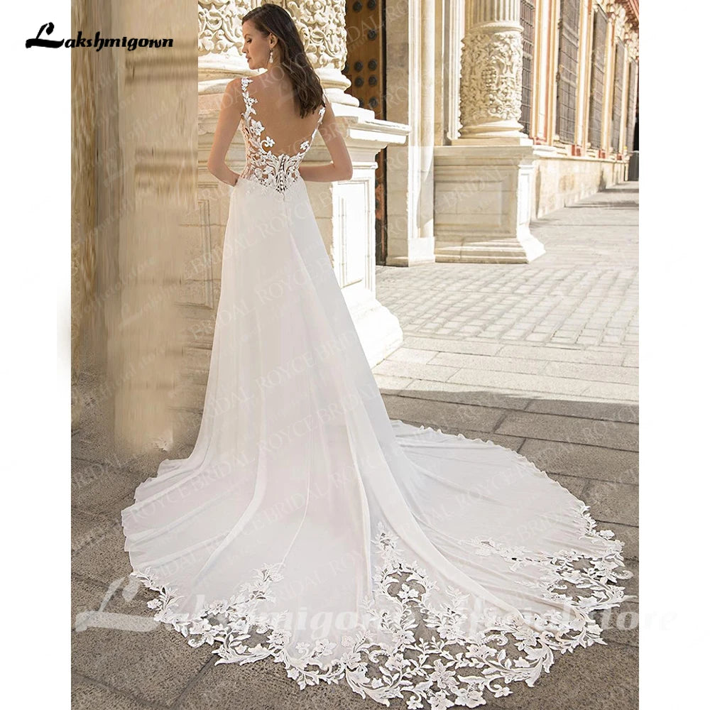 Lakshmigown A-Line Split Chiffon Illusion Bodice Customized Beach Wedding Dresses for Women Appliques Summer Boho Bride Dress