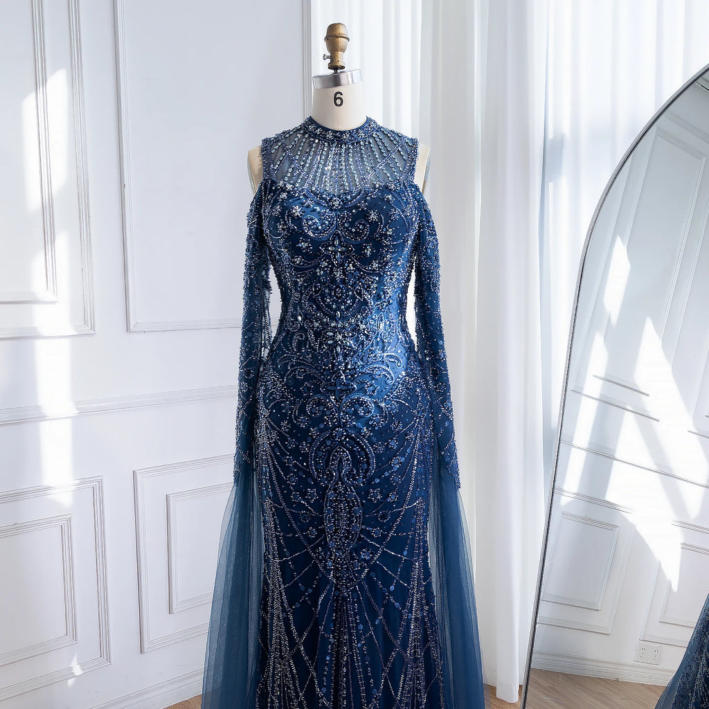Serene Hill Navy Blue O-neck Cold Shoulder Mermaid Beaded Evening Dress Party Gowns with Cape Sleeves Customized DLA73323