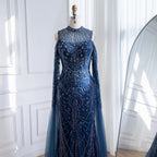 Serene Hill Navy Blue O-neck Cold Shoulder Mermaid Beaded Evening Dress Party Gowns with Cape Sleeves Customized DLA73323