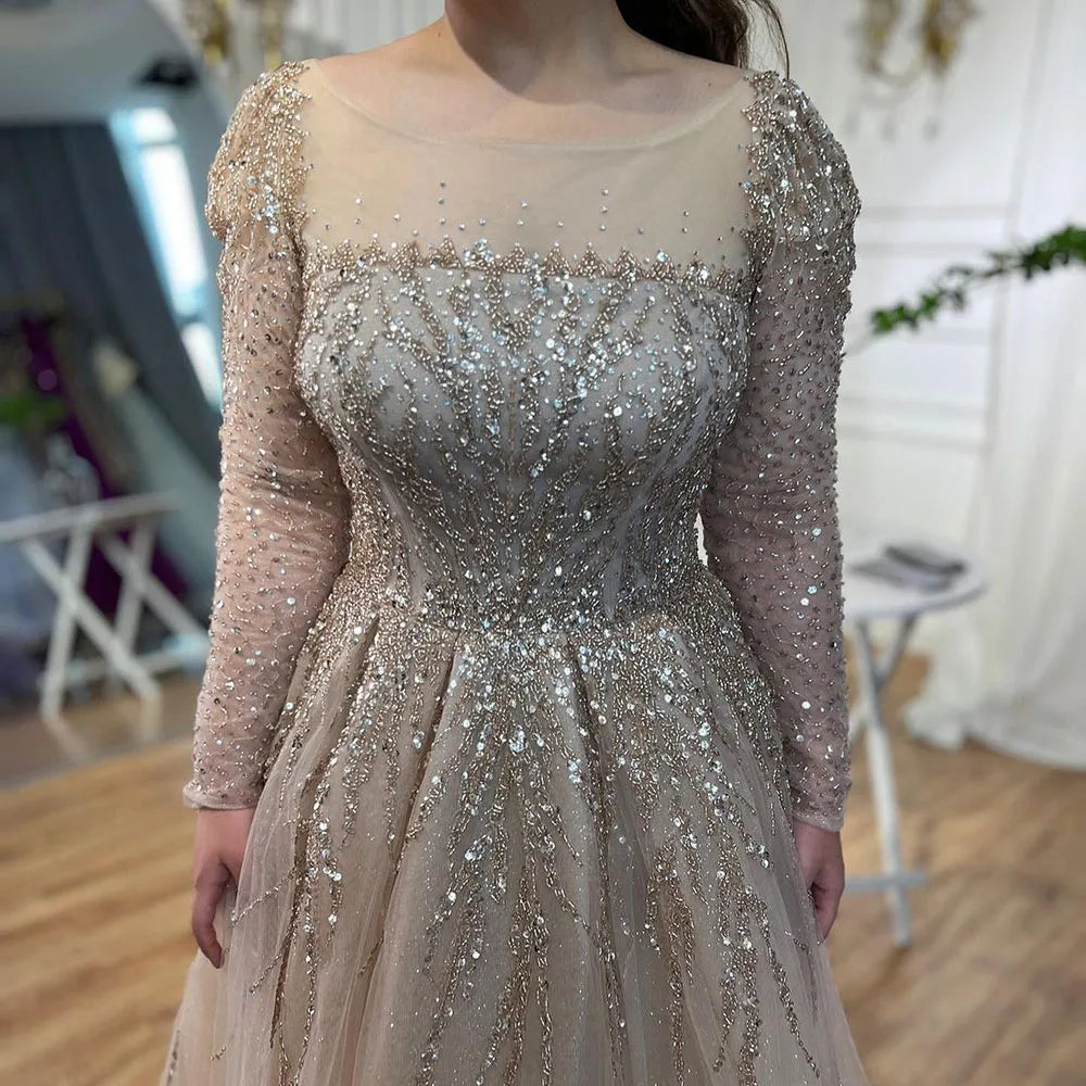 Serene Hill Customized Pink Long Sleeves A Line Beaded Dubai Evening Dresses Party Gowns 2025 For Women Wedding DLA71915