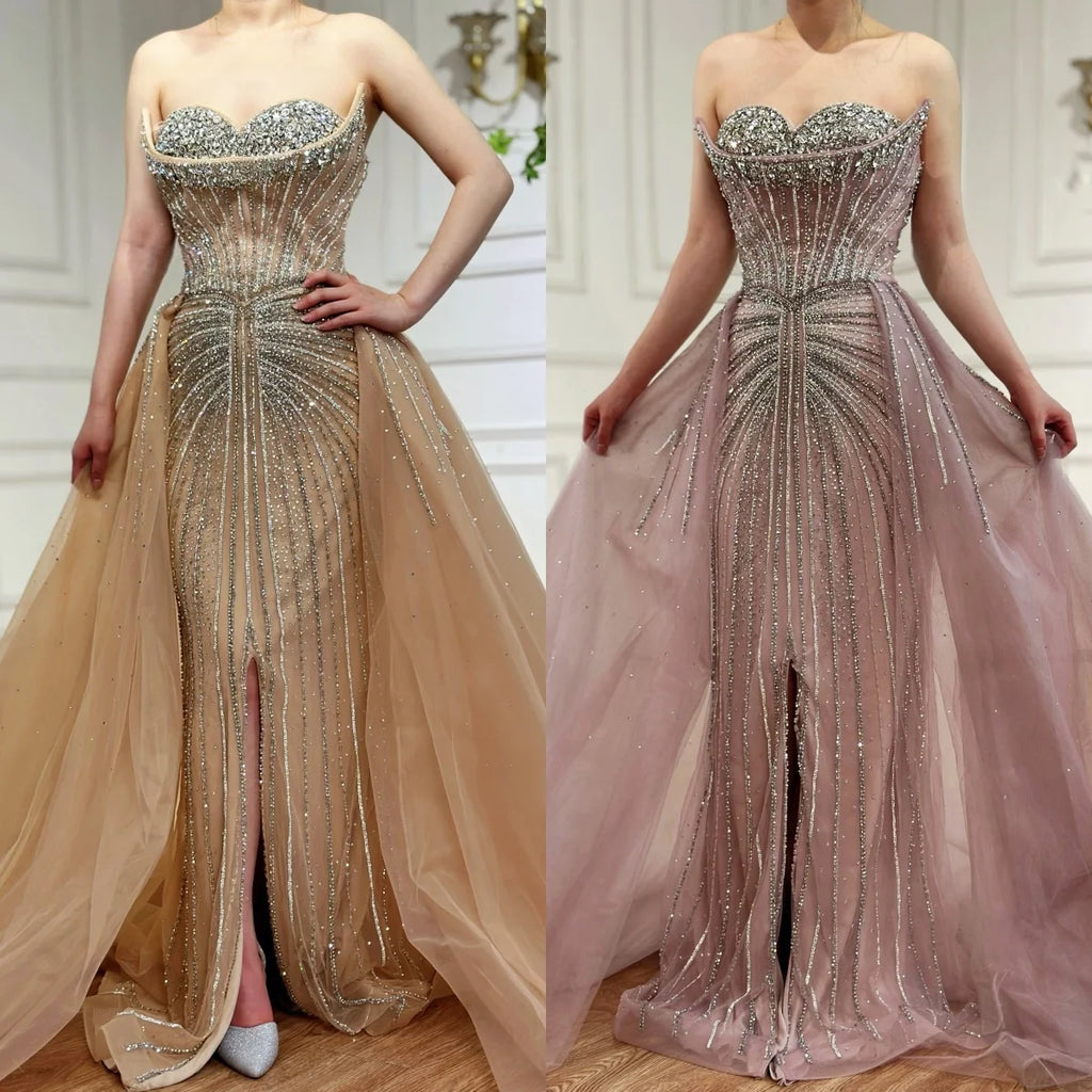 Serene Hill Customized 2025 Pink Crystal Beaded Saudi Mermaid Evening Dresses Gowns with Overskirt for Formal Occasion DLA72811
