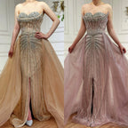 Serene Hill Customized 2025 Pink Crystal Beaded Saudi Mermaid Evening Dresses Gowns with Overskirt for Formal Occasion DLA72811