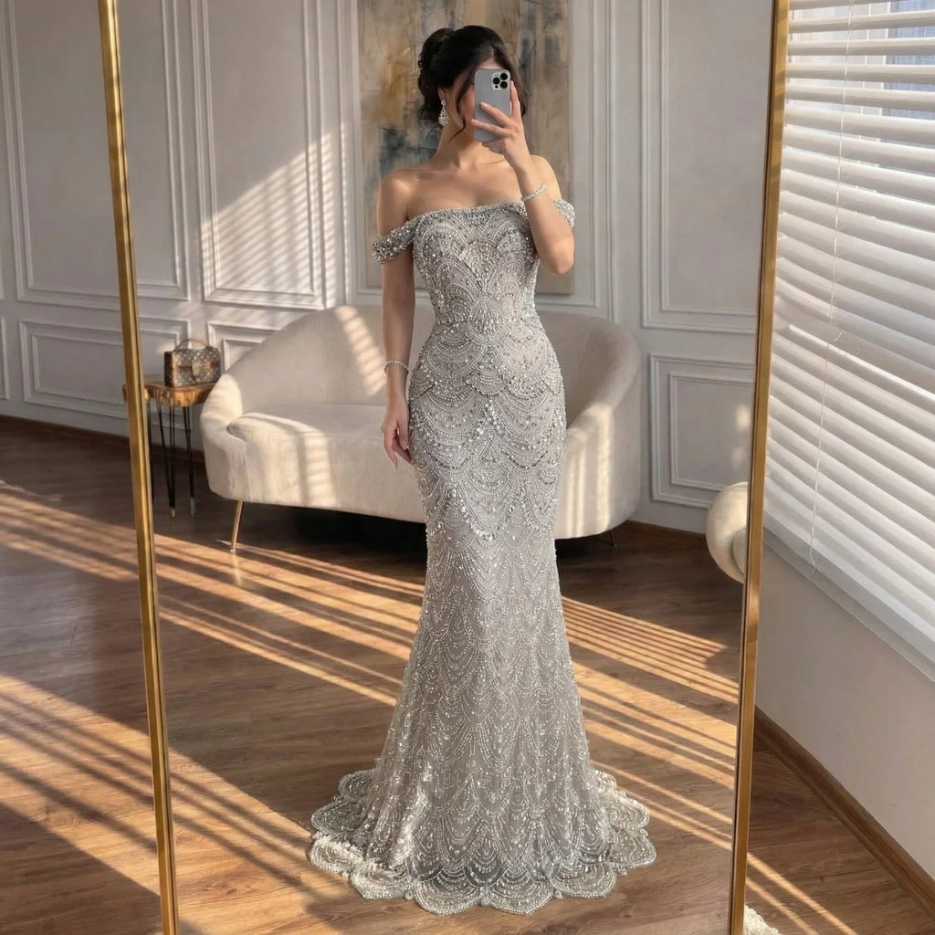 Serene Hill Pearl Beaded Off Shoulder Mermaid Evening Gown High-end Formal Occasion Party Dress Kosov Customized DLA73395A