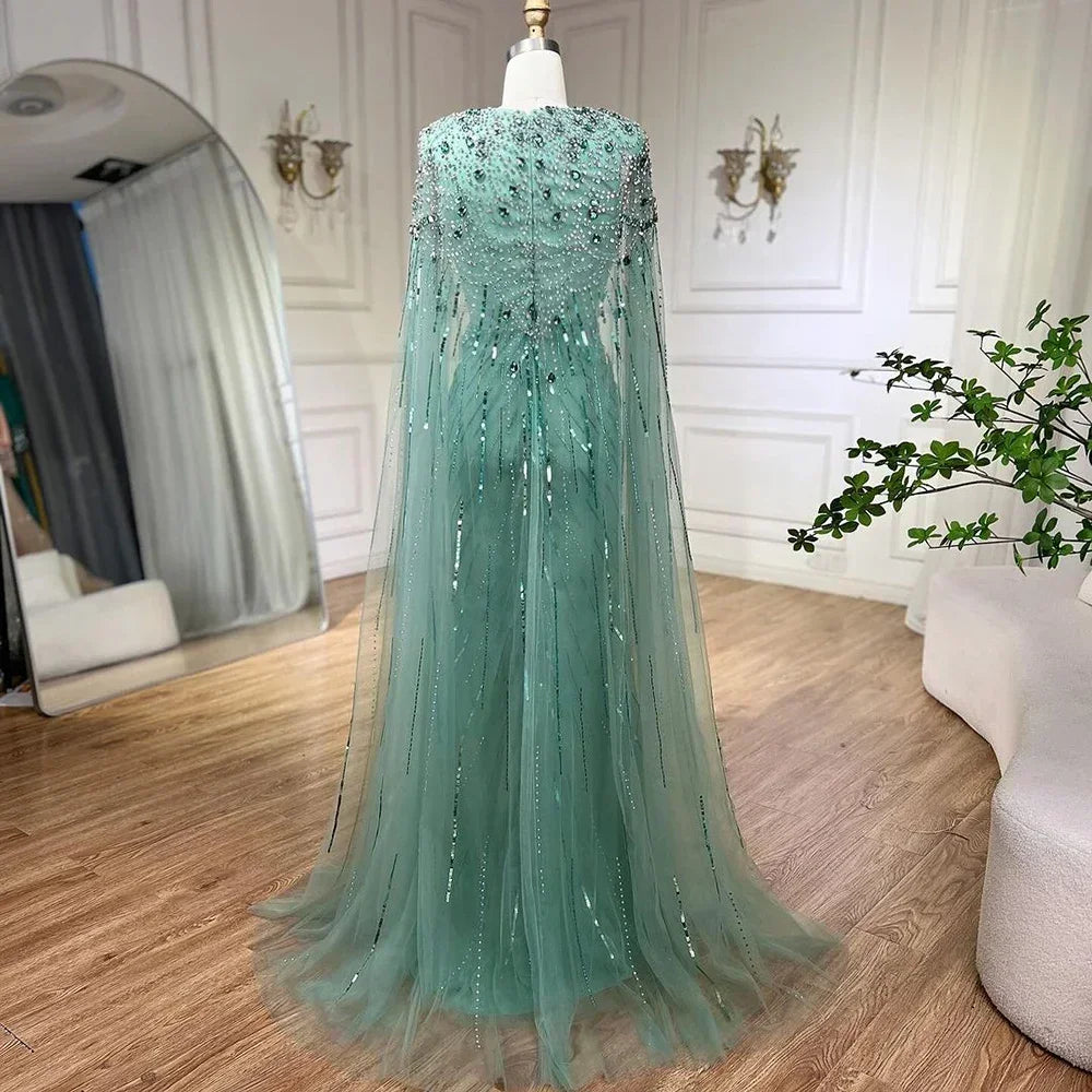 Serene Hill V-neck Turquoise Beaded Mermaid Evening Dress with Cape Plus Size Party Gowns for Women DLA72168A Customized