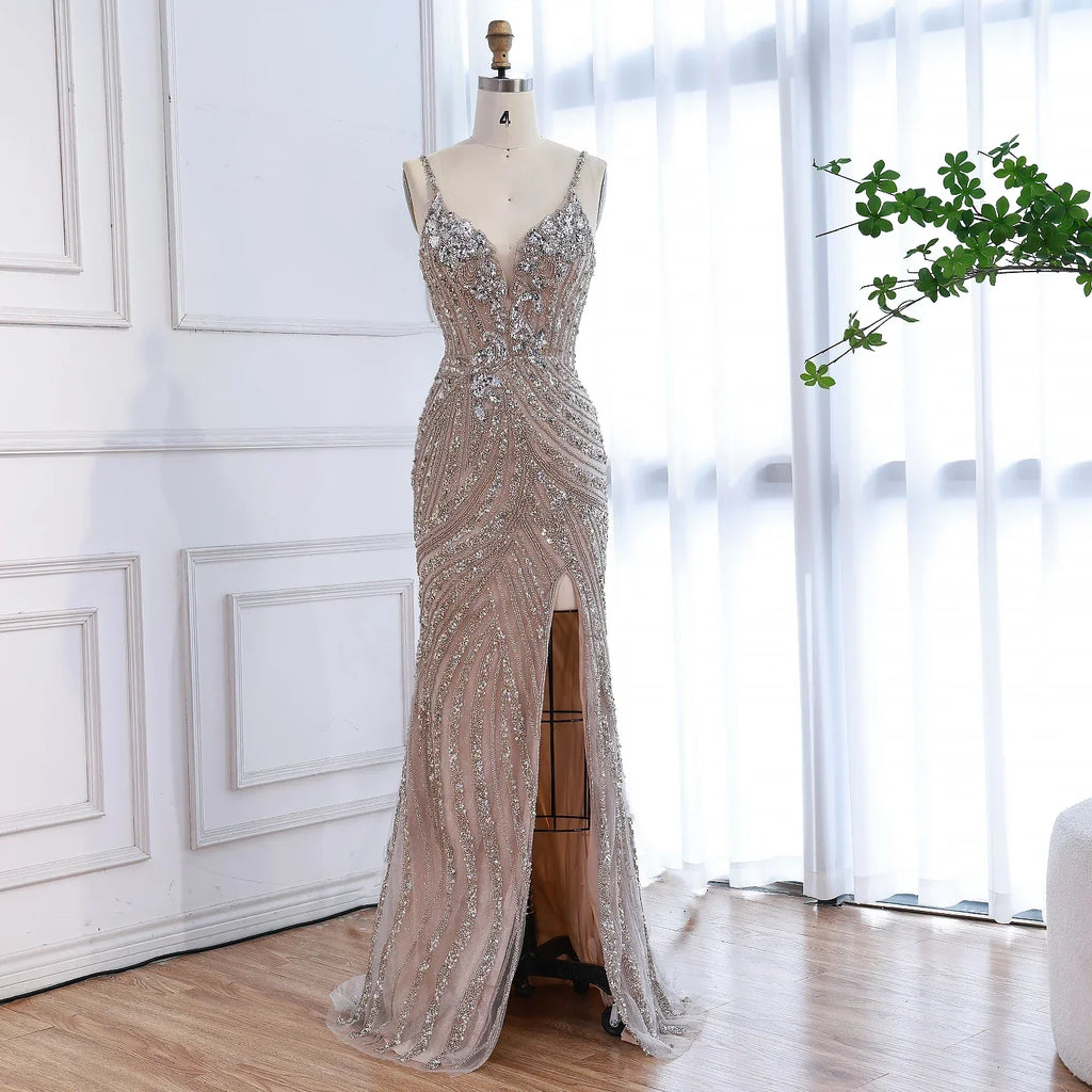 Robe de soirée sirène luxueuse en perles couleur nude avec fente haute LA73340