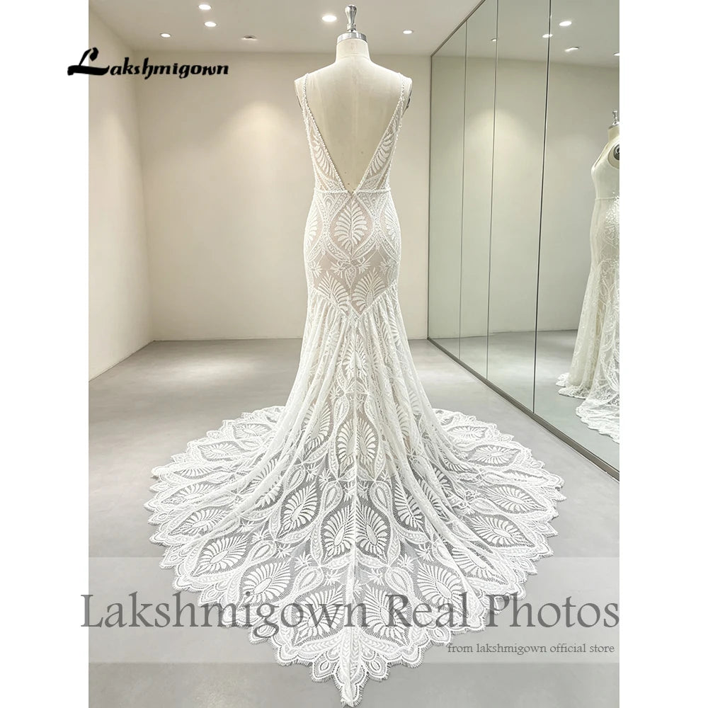 Lakshmigown Plunging V Bohemian Mermaid Wedding Dress 2027 Real Photos Lace Champagne Bridal Gown Spaghetti Straps Customized