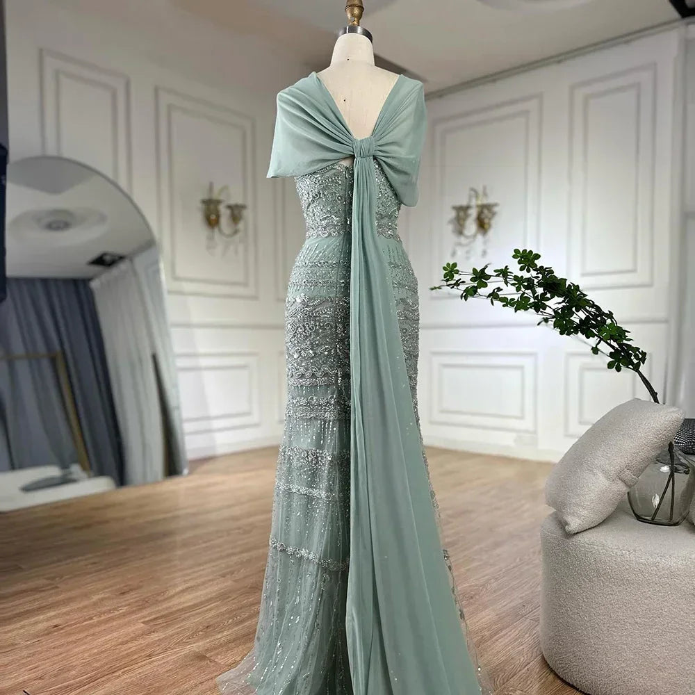 Serene Hill 2026 Customized Nude Mermaid Sleeveless Evening Dress with Long Cape Dubai Wedding Party Gowns for Women DLA72126B