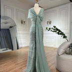 Serene Hill 2026 Customized Nude Mermaid Sleeveless Evening Dress with Long Cape Dubai Wedding Party Gowns for Women DLA72126B