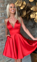 Abito da Ballo Rosso Satin Sottile Spaghetti Sopra il Ginocchio a Linea A S3832