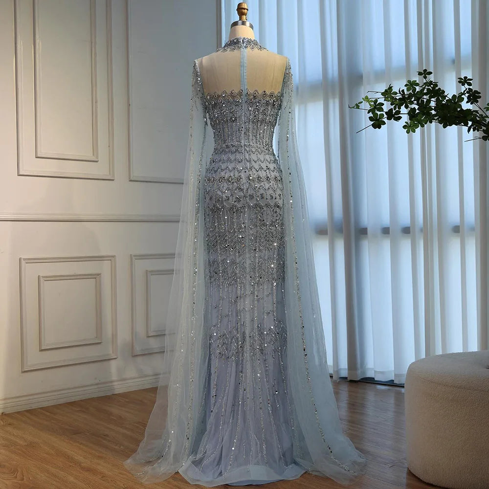 Serene Hill Dubai Blue Beaded Evening Dress with Cape Sleeves 2025 Formal Party Gowns for Women DLA72714A Customized